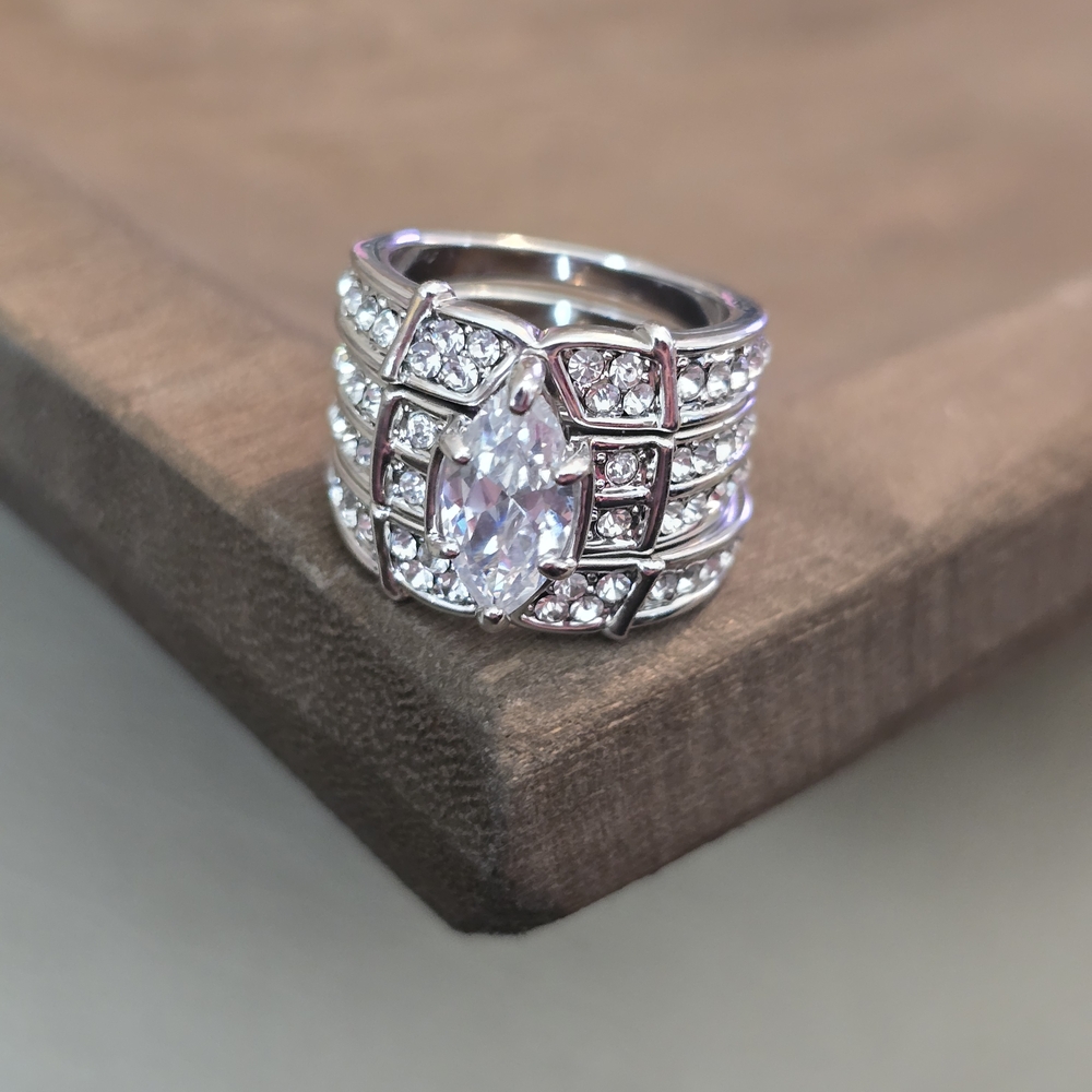 Wedding Trio Ring Set Marquise & Round Cut CZ Silver Tone Size 8/9